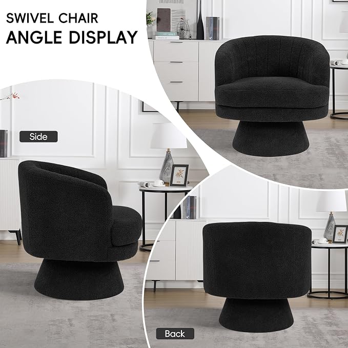 CANMOV Swivel Accent Chair with Armrest, Modern 360 Degree Swivel Barrel Chair with Curve Back and Soft Cushion,Comfy Round Sherpa Teddy Armchair Single Sofa for Living Room,Bedroom, Black