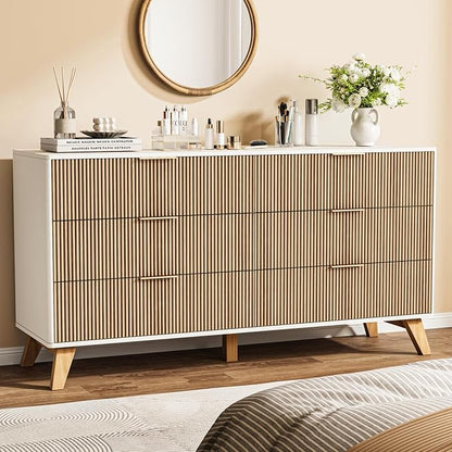 6 Drawer Dresser, 53.43 Inch Fluted Wood Double Dresser with Metal Handles Curved Design Wide Storage Organizer Cabinet Mid Century Modern Chest Dressers for Bedroom Living Room Entryway