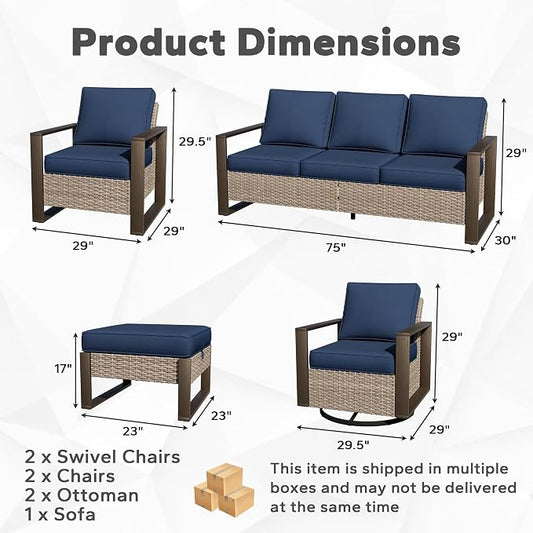 Joyside Outdoor Patio Chairs, 8 Pieces Wicker Rattan Furniture Set, 4 Patio Chairs, 1 Sofa, 2 Ottoman and 1 Table, Metal Wide Armrest, Thick Cushions and Deep Seating for Garden, Backyard, Porch