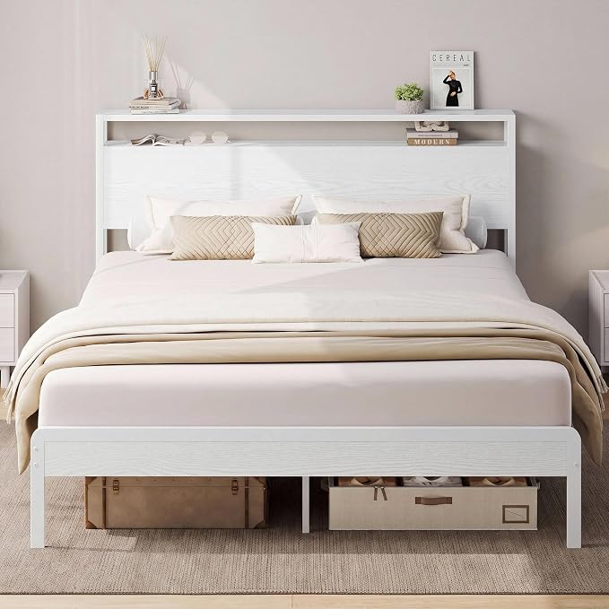 LIKIMIO Full Bed Frame with Headboard, Wood Camas Full with Strong Supports, Sturdy, Noise-Free, No Box Spring Needed, White