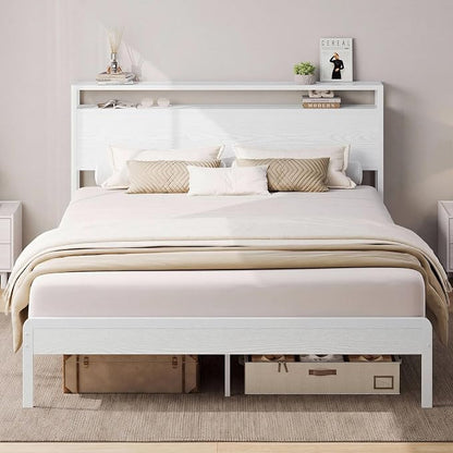 LIKIMIO Full Bed Frame with Headboard, Wood Camas Full with Strong Supports, Sturdy, Noise-Free, No Box Spring Needed, White
