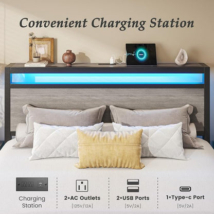 HISOFT Queen Bed Frame with Storage, Wood Headboard with Fast Charging Station, LED Lights, Platform Bed Frame Queen Size, Fabric Drawers with Wheels, No Box Spring Needed, Noise Free, Rustic Grey