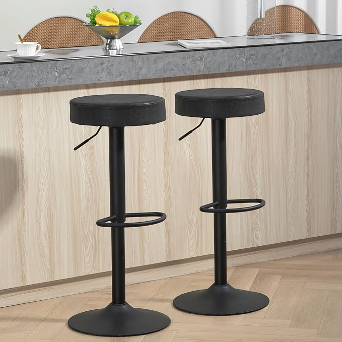 Finnhomy Bar Stools Set of 2 Counter Height, Swivel Barstools with Footrest and Backless Round, Height Adjustable Rustic Bar stools for Kitchen, Vintage Leather, Retro Black