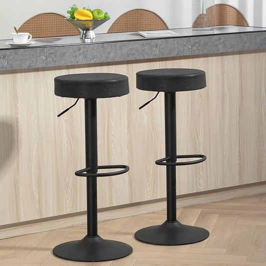 Finnhomy Bar Stools Set of 2 Counter Height, Swivel Barstools with Footrest and Backless Round, Height Adjustable Rustic Bar stools for Kitchen, Vintage Leather, Retro Black