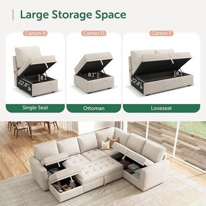 HONBAY Sectional Sleeper Sofa Couch with Pull Out Bed, Convertible L Shaped Couch with Storage, Sleeper Sectional Sofa Bed for Living Room, Beige