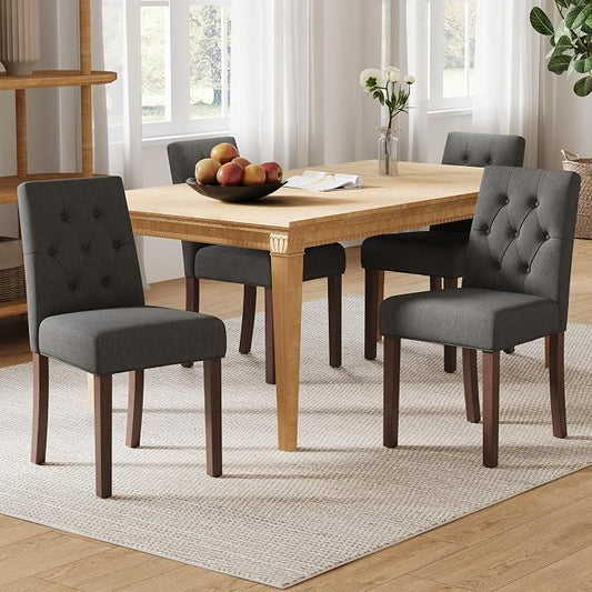 Upholstered Dining Chairs Set of 4 - Modern Parsons Kitchen & Dining Room Chair with Diamond Tufted Back, Solid Wooden Legs for Apartment, Café, Vanity