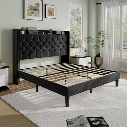 SHA CERLIN Queen Size Platform Bed Frame with Charging Station, Velvet Wingback Headboard with Storage Shelf, Wooden Slats Support, Ample Under-Bed Space, No Box Spring Needed, Easy Assembly, Black