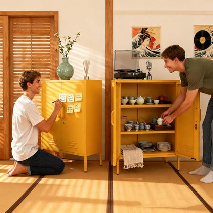 Multipurpose Accent Cabinet Locker, Metal Storage Cabinet with 2 Adjustable Shelves, Heavy Duty & Lockable Organizer Made of Thickened Steel, Easy Assembly for Home, Entryway, Yellow