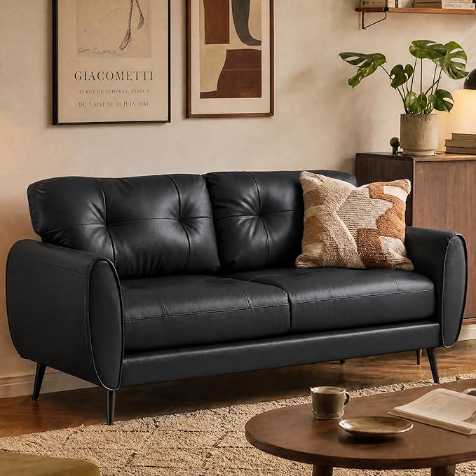 TYBOATLE Sofa Couch 61" Small Loveseat Couches for Living Room, Black Faux Leather Couch Mid Century Modern Tufted Mini Sofa Comfy Office 2 Seat Settee Love Seat Couches for Small Spaces Bedroom