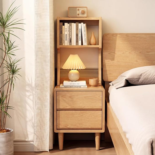 Solid Wood Bookshelf with Drawers,Narrow bookcase with Storage Shelves,Tall Nightstand with Drawers,Mid Century Modern Nightstand,Open Shelf Bookcase,Small Book Shelf for Bedroom,Living Room,Offices