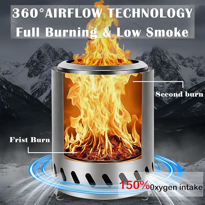 9.7 x 7.1 Inch Tabletop Fire Pit by AmazStove, Low Smoke Camping Stove for Outdoor Safe Burning Firepits, Fueled Pellets or Wood, Travel Bag Included (Silver, 9.7 x 7.1 INCH)