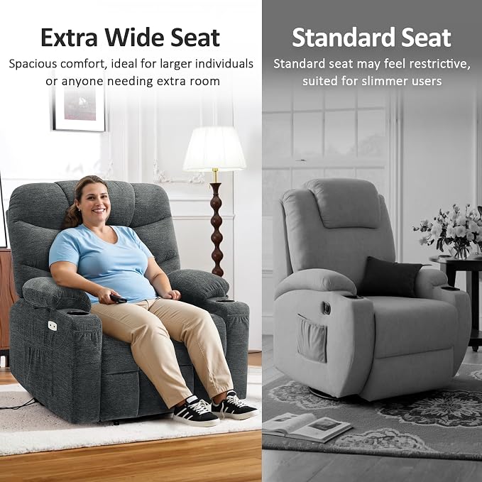MCombo Oversized Power Lift Recliner Chair with Extended Footrest, Extra Wide for Big and Tall Elderly People, Fabric R7289 (Dark Gray, Medium-Wide)