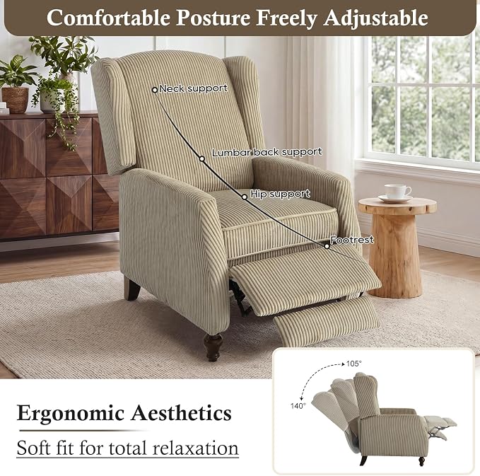 Upholstered Wingback Recliner Chair, Cozy Corduroy Manual Push Back Recliner for Living Room, Bedroom (2, Khaki)