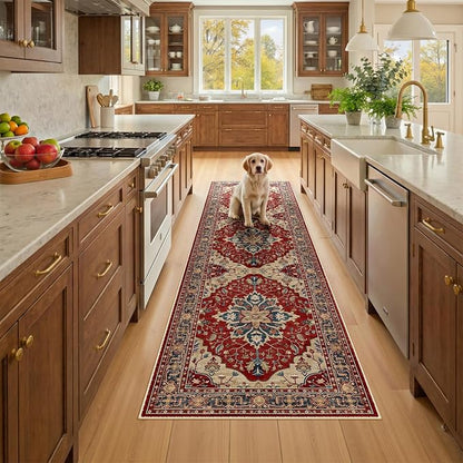 RELEANY Area Rugs Runner 2'6"x8' Washable Non-Slip, Floral Vintage Distress Medallion Carpet for Kitchen Hallway Bedroom Beside Laundry Room Bathroom, Red Blue