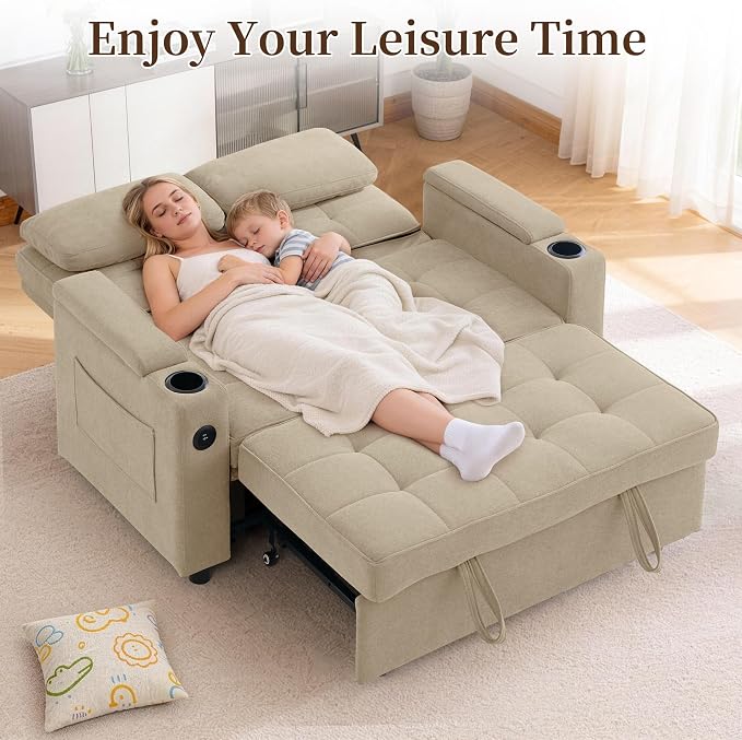 Korser 55.5'' 3-in-1 Convertible Sofa Bed, Pull Out Couch with 5-Position Adjustable Backrest, Loveseat Sleeper Sofa for Small Spaces, Sofa Couch with Cup Holders for Living Room, Office, Chenille
