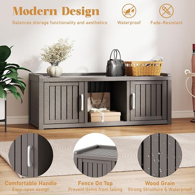 Outdoor Shoe Bench with Waterproof UV-Resistant Indoor Resin Shoe Cabinet Entryway Shoe Cabinet with 2 Doors or Entryway,Living Room,Bedroom,Gray (2 Door)