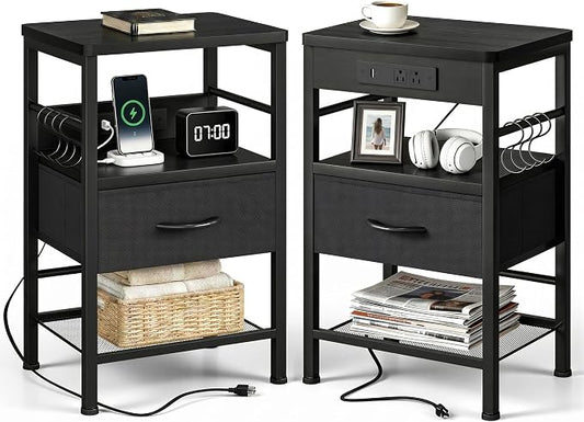 Lazzanto Nightstands Set of 2 with Charging Station, Bedside Tables with Open Shelf & Hooks, End Tables with USB-C USB-A Ports AC Outlets, Night Stand for Bedroom with Fabric Drawer, Black