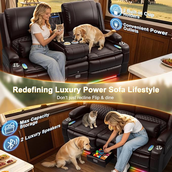 Power Recliner Loveseat Recliner with Massage and Lumbar Heating, Home Theater Reclining Loveseat with Flip Console, RV Couch Wall Hugger with 2 Speakers, Storage, USB, Outlet & LED (PU, Brown)