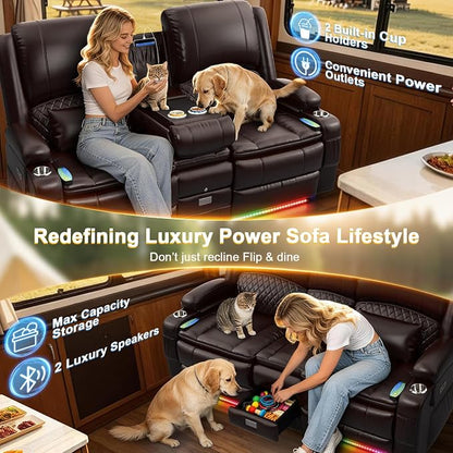 Power Recliner Loveseat Recliner with Massage and Lumbar Heating, Home Theater Reclining Loveseat with Flip Console, RV Couch Wall Hugger with 2 Speakers, Storage, USB, Outlet & LED (PU, Brown)