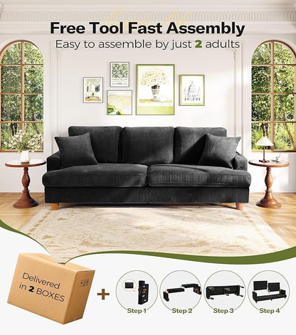 Kidirect 87in U Shaped Couch, Modular Sofa No Tool Assembly, Comfy Sectional Couches for Living Room 21in Deeper Seats, Corduroy Sofas for Living Room with 2 Pillows, Loveseat Sofa Set, Black Couch