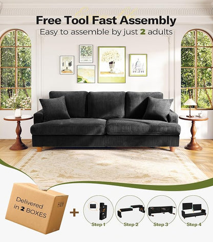 87" L shape Corduroy Couch, Sofa No Tool Assembly, Comfy Couches for Living Room 21in Deeper Seats, Corduroy Sofas for Living Room with 2 Pillows, Oversized Loveseat Sofa, Boho Love Seat, Black