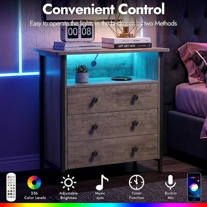 27 Inch LED Nightstand with Charging Station & 3 Drawers, Gray | Solid Wood and Steel Frame, 2 AC Outlets, 2 USB Ports, RGB App Control, Open Storage, Adjustable Feet, for Bedroom or Office
