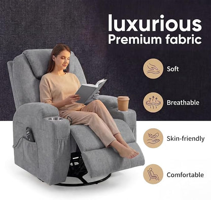 JUMMICO Small Swivel Rocker Recliner, 360 Rocking Chair Recliner with Massage, Upholstered Fabric Rocker Recliner with Cup Holder for Living Room, Bedroom, Nursery (Gray)