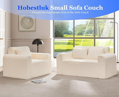 Hobestluk Couch Sofa 2-Seater Foam Sofa Loveseat for Small Spaces Comfy Sofas with Removable Cover Furry Couch with Pillows for Living Room, Bedroom, Apartment, Office (White, Loveseat)