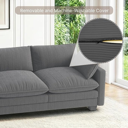Gizoon 110'' Oversized L Shaped Couch for Living Room, Cloud Couches with Washable Corduroy Cover, Modern 4-Seater Comfy Deep-Seat Sofa with Movable Ottoman and 2 Throw Pillows for Apartment, Gray