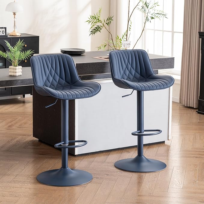 YOUTASTE Bar Stools Set of 2, Adjustable Swivel Counter Height Barstools with Back, All Navy Blue Faux Leather Upholstered Bar Chairs with Metal Base, Stools for Kitchen Island or Home Bar