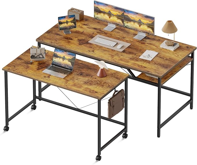 Mericonia 48 inch Computer Desk w/Shelf & Adjustable Feet, 32 inch Rolling Office Desk w/ 1 Hook, Small Space Desk for Home, Office, Study, Writing, Bedroom, 2 Pack
