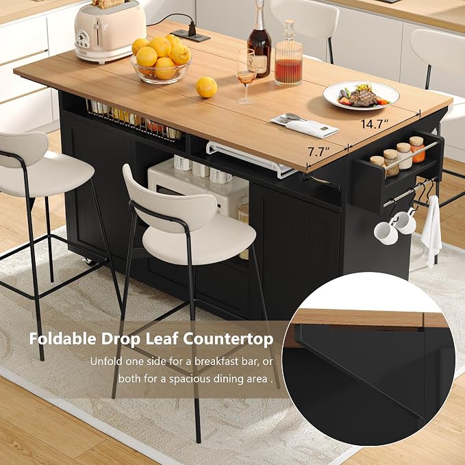 Einhomn 65" Kitchen Island with Power Outlet & Drop Leaf, Island Table for Kitchen with Trash Can Storage, Mobile Rolling Kitchen Islands on Wheels with Spice Rack, Towel Rack & 4 Side Hooks, Black