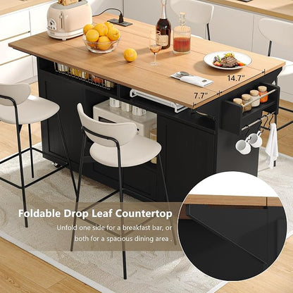 Einhomn 65" Kitchen Island with Power Outlet & Drop Leaf, Island Table for Kitchen with Trash Can Storage, Mobile Rolling Kitchen Islands on Wheels with Spice Rack, Towel Rack & 4 Side Hooks, Black