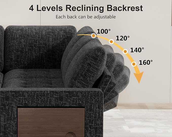 Vipbear 7 Seat L Shaped Modular Sectional Sleeper Sofa Bed with Ottoman/Pull Out Bed/Reclining Backrest/USB Ports/Table/LED Light/Storage Seat, Tool-Free Assembly, Chenille Black