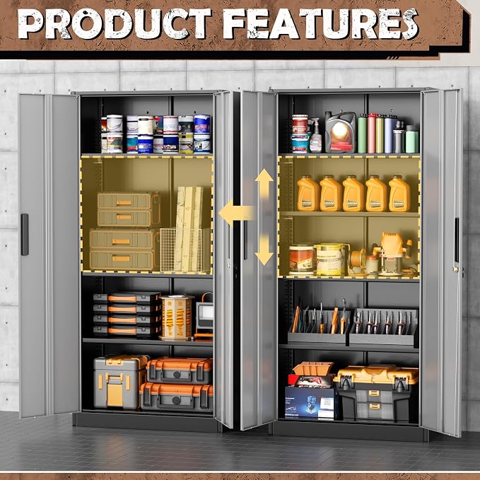INTERGREAT Metal Lockable Storage Cabinet, 72” Storage Cabinet with 2 Doors and 4 Adjustable Shelves for Office, Home, Garage, Pantry (Assembly Required, Black Gray)