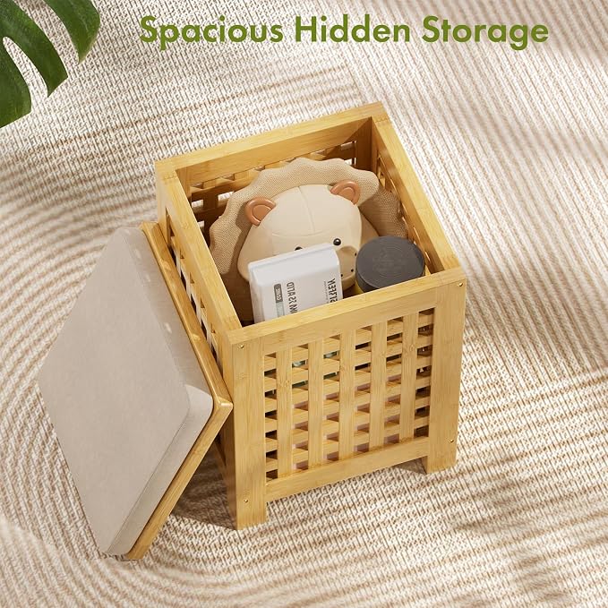 Bamboo End Table with Removable Cushion and Hidden Storage, 2-in-1 Ottoman Side Table with Breathable Grid Design for Small Space, Living Room, Bedroom, Balcony, Entryway