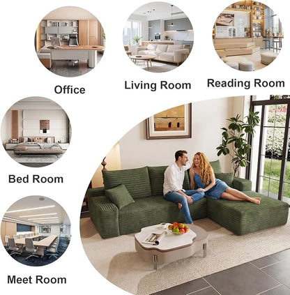 95" Cloud Sectional Couch with L-Shape Chaise, Modular Comfy Sofa Chaise Longue, Upholstered Corduroy Couches Sleeper with Deep Seat for Living Room Bedroom, No Assembly Required(Green, Right Facing)