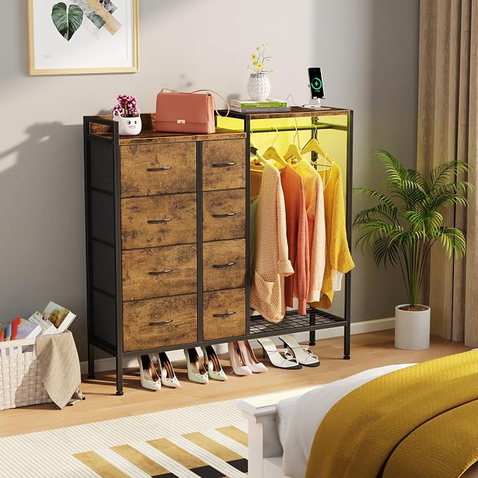 HIGDBFE Dresser with Hanging Rack, 8-Drawer Dresser for Bedroom with Charging Station & LED Lights, Fabric Dressers with Shoe Rack, Rustic Brown, 11.8" D x 42" W x 42.7" H (8 Drawers)