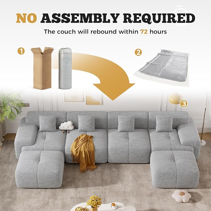 158" Modern U Shaped Modular Sectional Sofa, Boneless Couches for Living Room,6 Seater Convertible Chenille Cloud Couch Sofa Set, No Assembly Required, Light Grey 1 PCS