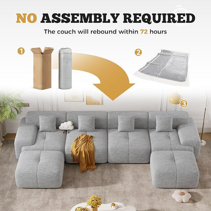 158" Modern U Shaped Modular Sectional Sofa, Boneless Couches for Living Room,6 Seater Convertible Chenille Cloud Couch Sofa Set, No Assembly Required, Light Grey 1 PCS