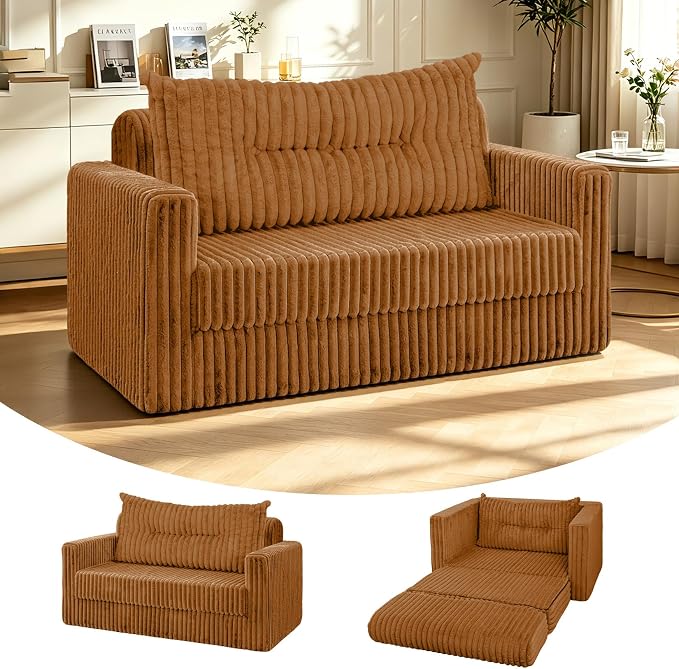 HABUTWAY 41.3" Loveseat Boneless Couch, 4-in-1 Convertible Sofa Bed, Plush Fur Folding Futon Sofa Bed Couches with a Pillow for Living Room, High-Density Foam Support, No Assembly Required, Orange