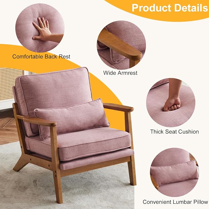 Karl home Mid-Century Lounge Accent Chair, Pink | Wide Curved Armrest, Linen Fabric, Lumbar Pillow Included, Solid Wood Frame, For Living Room, Bedroom, Balcony, Apartment