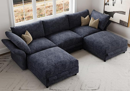 DreamDashio 126" U Shaped Sectional Sofa with Storage Seat, Adjustable Arms & High Back, Oversized Modular Sectional Cloud Couches for Living Room, 5 Seater, Dark Grey Chenille