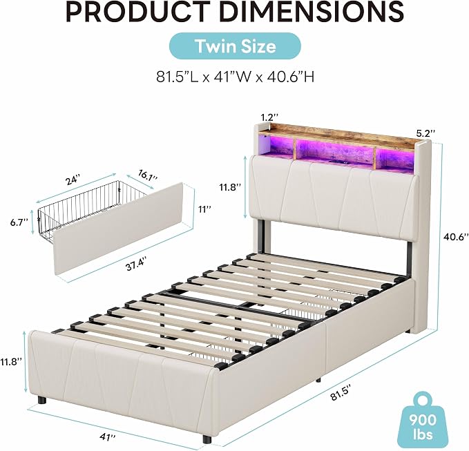 LIKIMIO Twin Bed Frame with 2 Storage Drawers, Charging Station & LED Lights, Upholstered Platform Twin Bed with Storage Headboard, Strong Wooden Slats, No Box Spring Needed, Easy Assembly, Beige