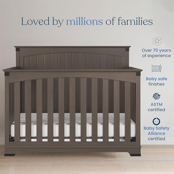 Child Craft Redmond 4-in-1 Convertible Baby Crib, Wood Nursery Furniture Converts to Toddler Bed, Daybed & Full Bed, Adjustable Mattress Heights, Rustic Style, Non-Toxic Baby Safe Finish, Dapper Gray