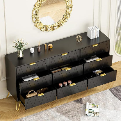 Anbuy Bedroom Sets 3 Piece 9+2+2 Black 9 Drawer Dresser & Nightstands Set of 2 for Bedroom, Two Drawers Nightstand Set of 2 and 9 Drawer Dresser Combo 3 Pieces