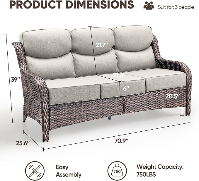 Luxury Patio Sofa 3-Seat Wicker Couch with 6" Thick Cushion - Outdoor Furniture Rattan Sofa with Deep Seating High Back Outdoor Sofa for Patio Garden Balcony Sunroom Backyard, Brown | Beige