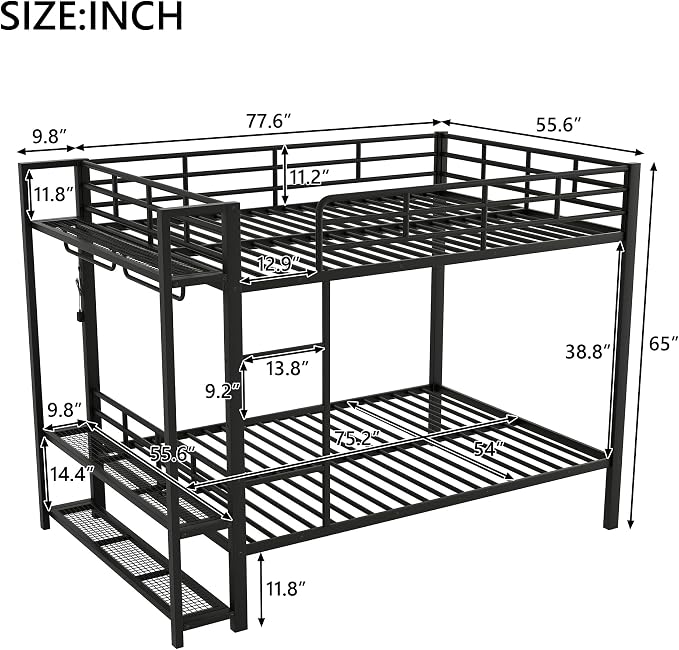 Bellemave Full Over Full Bunk Bed,Metal Bunk Bed with Shelf and Guardrails,Full Bunk beds with Storage Mesh Shelves and Clothes Hooks for Kids, Teens & Adults（Black）