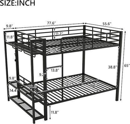 Bellemave Full Over Full Bunk Bed,Metal Bunk Bed with Shelf and Guardrails,Full Bunk beds with Storage Mesh Shelves and Clothes Hooks for Kids, Teens & Adults（Black）