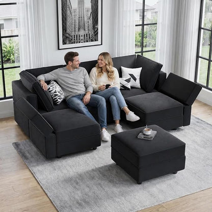 Vesgantti Modular Sectional Sofa with Storage, 92" Sofa Bed with 6 Seats Storage Chaises Removable Cover, Deep Seat Modular Couches Velvet Couch Set for Living Room, Apartment, Home Theater, Black